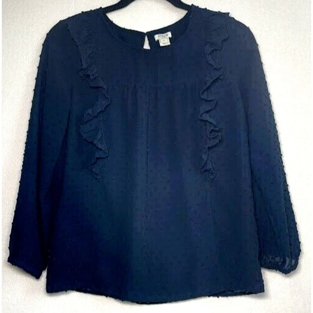 J Crew Blouse Women Size 2 Blue Round Neck‎ Flowy Long Sleeve Light Business